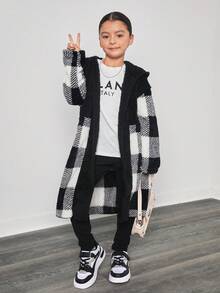 SHEIN 青少年女孩長袖抓絨秋季服飾長款連帽毛茸茸外套，黑白格紋拼接毛茸茸大衣，秋季校園酷女孩風 - 黑與白 - 查看 8