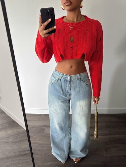 Slaydiva Y2K Grunge Hot Girl Hip Hop Streetwear Bar Dancing Daily Shopping Going Out Party Music Festival Layering Distressed Ripped Knit Sweatshirt Women Red