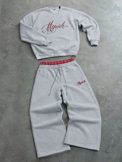 PAVTROS Men's Streetwear Hot-Selling INS Style Plaid Double Waist Design With Handwritten Vintage Font Accents, Casual Daily Outfit, Boyfriend/Husband Gift, Anniversary Gift, Crew Neck Sweatshirt And Curved Leg Wide Leg Sweatpants 2-Piece Set