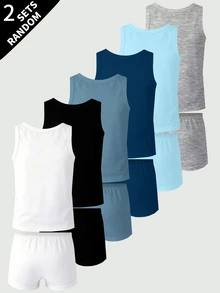 (2 Set Acak) Set Pakaian Dalam Anak Laki-Laki Remaja Perempuan: Atasan Tank Top Tanpa Lengan dan Celana Dalam Model Kotak yang Nyaman dan Sederhana - MultiWarna - View 3