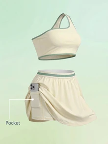 SHEIN Cheerettes Women's Plus Size Trim One-Shoulder Tank Top And Skort Sports Set High Stretch Breathable Moisture Wicking Sports Bra Built In Shorts Side Pockets Fo - Multicolor - View 2