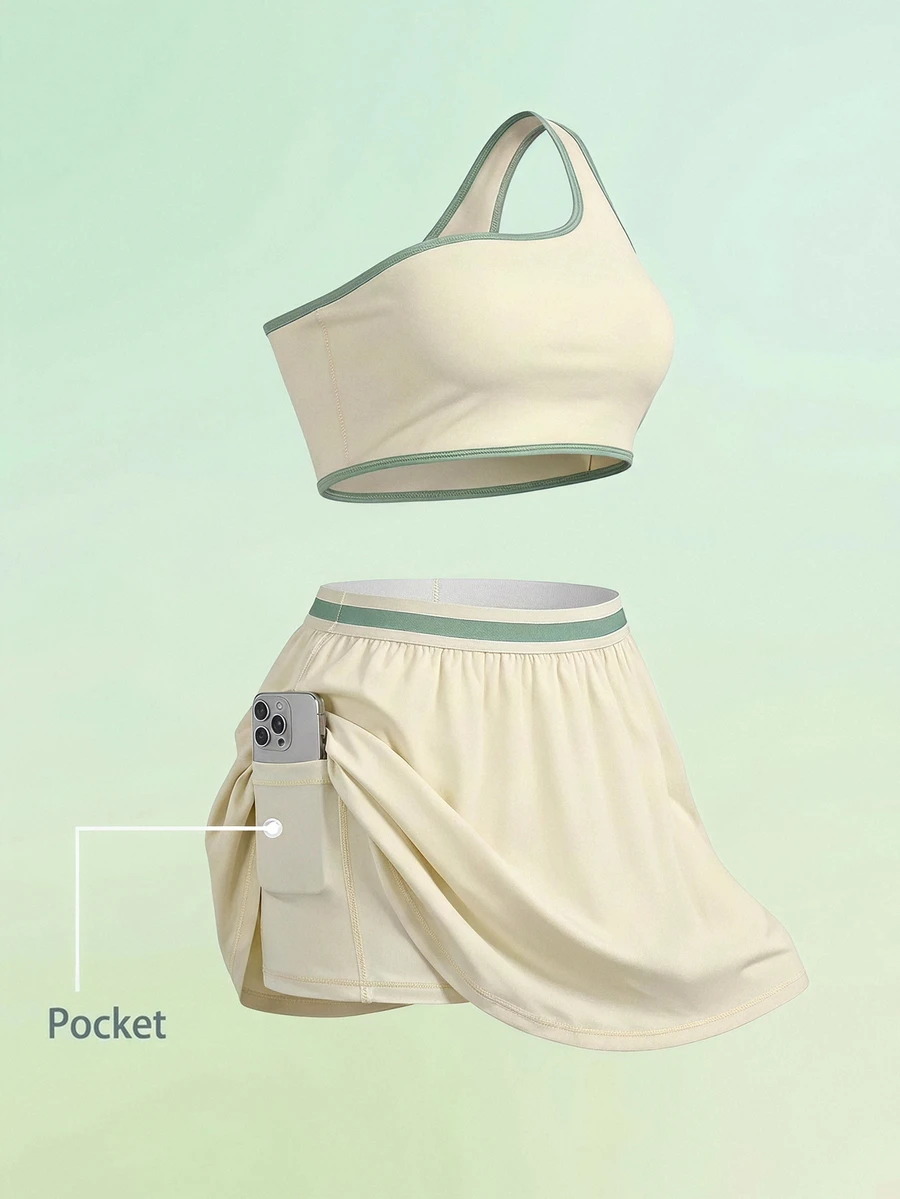 SHEIN Cheerettes Women's Plus Size Trim One-Shoulder Tank Top And Skort Sports Set High Stretch Breathable Moisture Wicking Sports Bra Built In Shorts Side Pockets Fo