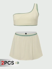 SHEIN Cheerettes Women's Plus Size Trim One-Shoulder Tank Top And Skort Sports Set High Stretch Breathable Moisture Wicking Sports Bra Built In Shorts Side Pockets Fo - Multicolor - View 4