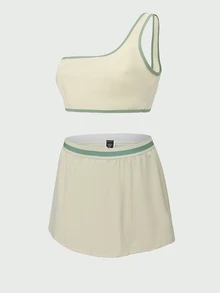 SHEIN Cheerettes Women's Plus Size Trim One-Shoulder Tank Top And Skort Sports Set High Stretch Breathable Moisture Wicking Sports Bra Built In Shorts Side Pockets Fo - Multicolor - View 16