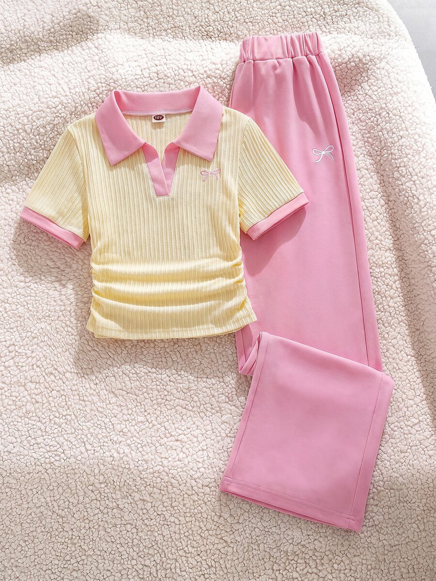 SHEIN Elladie kids 女童大童淺黃色領口POO襯衫式抓皺百褶T恤上衣+粉色直筒寬腿長褲 2件套甜美可愛夏季時尚亮眼套裝 - 黃色 - 查看 1