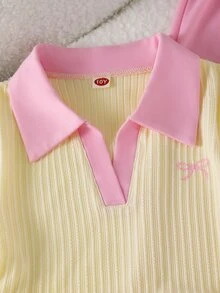 SHEIN Elladie kids 女童大童淺黃色領口POO襯衫式抓皺百褶T恤上衣＋粉色直筒寬腿長褲 2件套甜美可愛夏季時尚亮眼套裝 - 黃色 - 查看 4