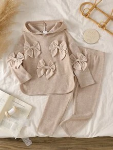 Elladie kids 女童新款杏色羅紋連帽長袖上衣與鬆緊腰休閒寬鬆軟針織長褲2件套，春/秋季 - 米色 - 查看 1