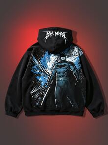 ROMWE MEN Batman X ROMWE Men's Casual Cartoon Print Hoodie, Spring/Autumn - Black - View 1