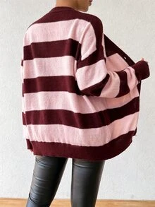 SHEIN 秋冬新款條紋仿貂毛針織開襟毛衣女款 - 粉色 - 查看 2