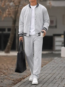 Manfinity CasualCool Men's Colorblock Striped Jacket And Pants Set - Grey - View 5