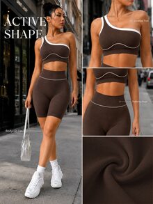 SHEIN Sports 一套运动套装，撞色条纹修身弹力健身背心，高腰提臀瑜伽紧身裤，柔软舒适，适合锻炼、跑步、休闲、瑜伽等场合。 - 棕色 - 查看 5