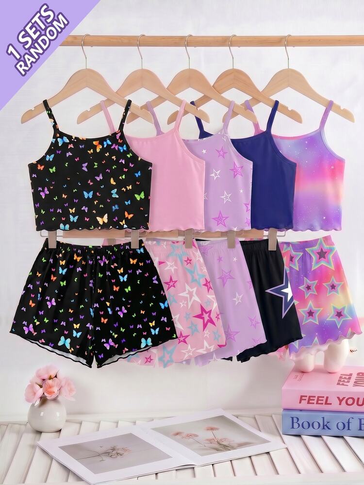 [1 Set Randomly Sent]Girls' Summer 2-Piece Set Cool K-POP Girl Group Print Pattern Camisole Top With Shorts Ruffle Trim Design Sweet Cute Style Knit Fabric Comfortable Soft Pajamas Loungewear, Spring/Summer Round Neck Shorts Camisole Suitable For Outings And Home Wear 2-In-1 Pajamas, Pink Sweet Fashion Plaid Casual Versatile Girl Style - Multicolor - View 2