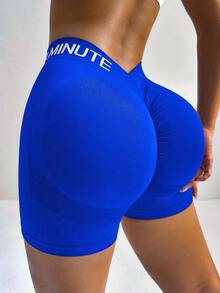 Dewbera Dewbera Letter Print High Waist Seamless Sports Modest Shorts Gym Black Navy Blue Summer - Multicolor - View 5