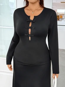 GalTyme Plus Size Women's Solid Color Frog Button Casual Versatile Daily Long Sleeve T-Shirt - Black - View 1