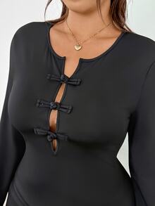 GalTyme Plus Size Women's Solid Color Frog Button Casual Versatile Daily Long Sleeve T-Shirt - Black - View 4