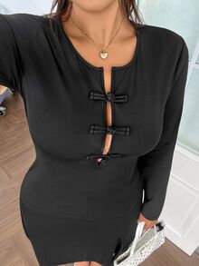 GalTyme Plus Size Women's Solid Color Frog Button Casual Versatile Daily Long Sleeve T-Shirt - Black - View 6