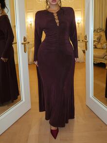 GalTyme Plus Size Women's Cutout Design Long Sleeve Ruched Fitted Sexy Dress Fall - Mocha Brown - View 3