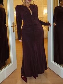 GalTyme Plus Size Women's Cutout Design Long Sleeve Ruched Fitted Sexy Dress Fall - Mocha Brown - View 4