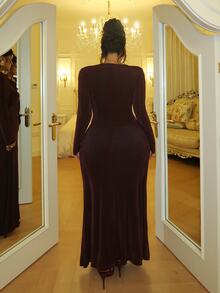 GalTyme Plus Size Women's Cutout Design Long Sleeve Ruched Fitted Sexy Dress Fall - Mocha Brown - View 2