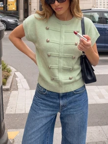 Flora Isola Flora Isola 女款復古休閒鈕扣前襟無袖圓領針織上衣 薄荷綠毛衣 優雅外出早午餐辦公室端莊針織衫 法式夏季 - 綠色 - 查看 8