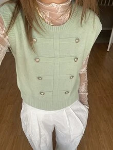 Flora Isola Flora Isola 女款復古休閒鈕扣前襟無袖圓領針織上衣 薄荷綠毛衣 優雅外出早午餐辦公室端莊針織衫 法式夏季 - 綠色 - 查看 10