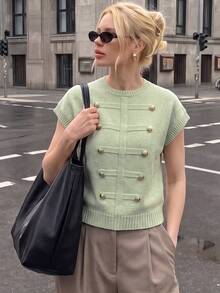 Flora Isola Flora Isola 女款復古休閒鈕扣前襟無袖圓領針織上衣 薄荷綠毛衣 優雅外出早午餐辦公室端莊針織衫 法式夏季 - 綠色 - 查看 12