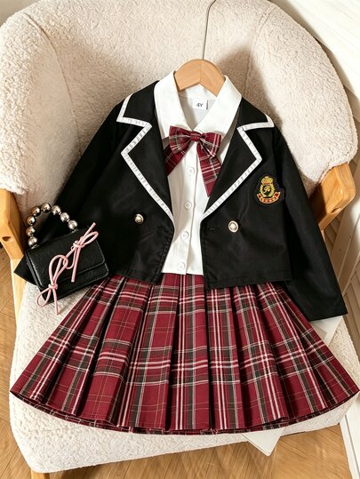 Souflis Souflis Young Girl Classic College Style Jacket With Badge Collar, Contrast Trim, And Plaid Pleated Skirt With Plaid Bowknot Set Fall Winter