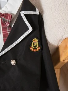 SHEIN 年轻女孩经典学院风夹克，配有徽章领、撞色饰边和格子蝴蝶结格子百褶裙套装 - 黑色 - 查看 4