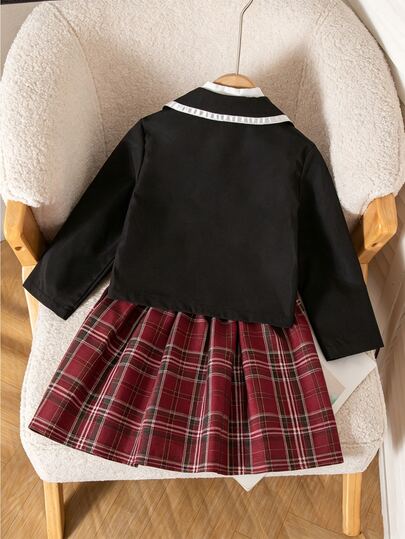 Souflis Souflis 年轻女孩经典学院风夹克，配有徽章领、撞色饰边和格子蝴蝶结格子百褶裙套装