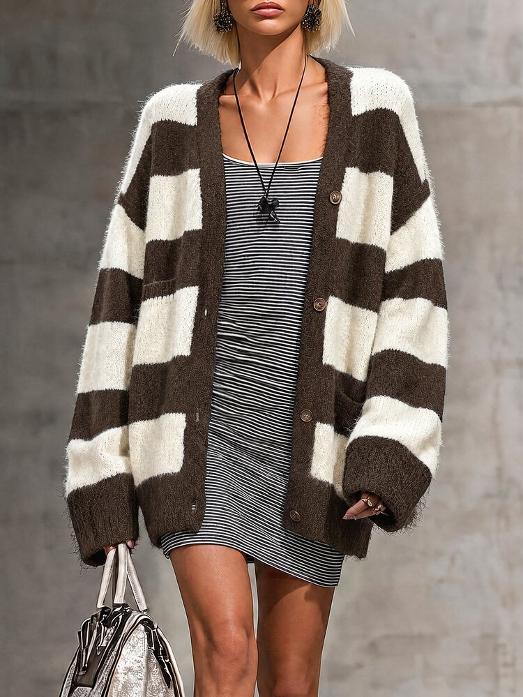 SHEIN LUNE Autumn/Winter New Design Striped Faux Mink Fur Knit Cardigan Sweater For Women - Coffee Brown - View 6