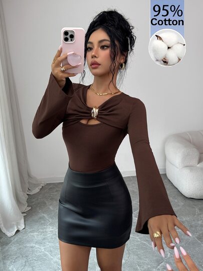SHEIN Raffinéa Cut Out Front Trumpet Sleeve Tee