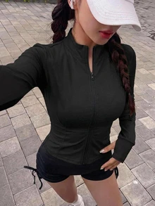 DAZY 女款純色彈性小立領修身長袖夾克，運動休閒風，春秋款 - 黑色 - 查看 1