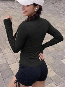 DAZY 女款純色彈性小立領修身長袖夾克，運動休閒風，春秋款 - 黑色 - 查看 2