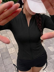 DAZY 女款純色彈性小立領修身長袖夾克，運動休閒風，春秋款 - 黑色 - 查看 3
