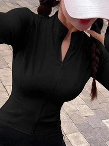 DAZY 女款純色彈性小立領修身長袖夾克，運動休閒風，春秋款 - 黑色 - 查看 8