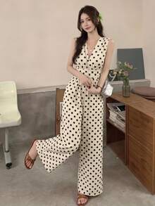 SHEIN Frenchy 女士波点印花V领无袖阔腿连体裤 - 黑與白 - 查看 2