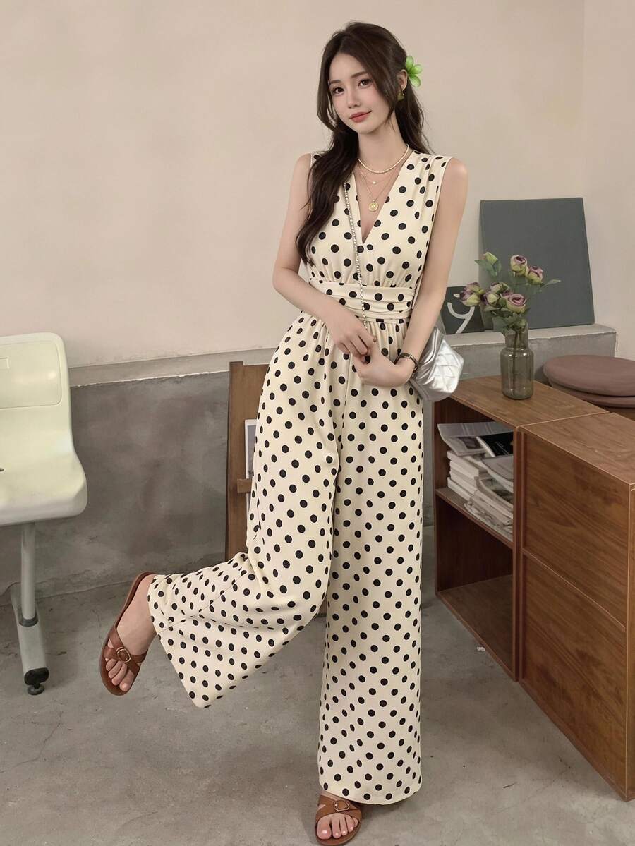 SHEIN Frenchy 女士波点印花V领无袖阔腿连体裤