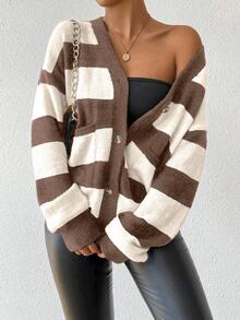 SHEIN 秋冬新款条纹仿貂绒女式开衫 - 棕色 - 查看 3