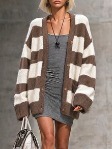 SHEIN 秋冬新款条纹仿貂绒女式开衫 - 棕色 - 查看 1