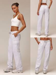 GLOWMODE 32" Tall Everyday Fleece Cozy Comfort Wide-Leg Cargo Pants With Adjustable Drawstring Waist & Multi-Pocket Design Daily Casual - Grey - View 9