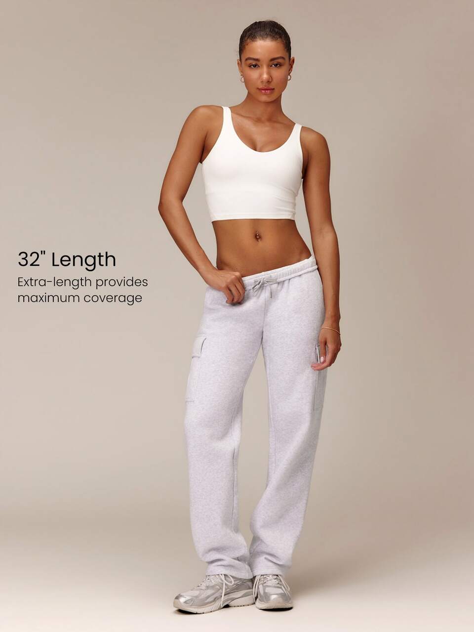 32" Tall Everyday Fleece Cozy Comfort Wide-Leg Cargo Pants With Adjustable Drawstring Waist & Multi-Pocket Design Daily Casual