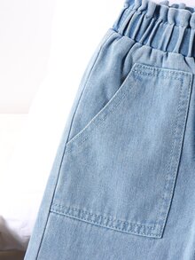 SHEIN 女童牛仔兩件套，彈性腰頭鈕扣，錐形寬鬆版型，夏季返校日常戶外穿著，藍色 - 彩色 - 查看 5