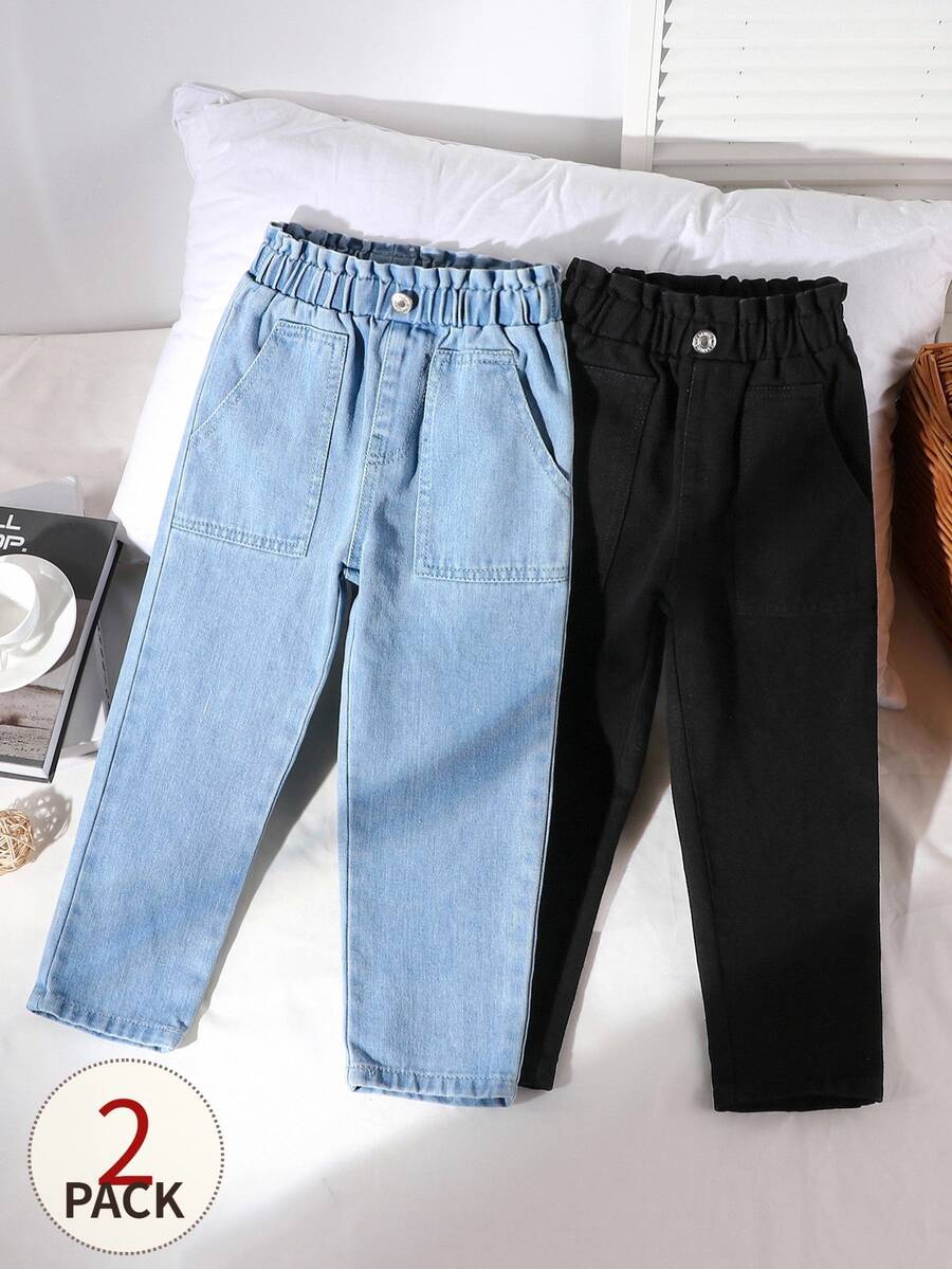 SHEIN 女童牛仔兩件套，彈性腰頭鈕扣，錐形寬鬆版型，夏季返校日常戶外穿著，藍色 - 彩色 - 查看 1