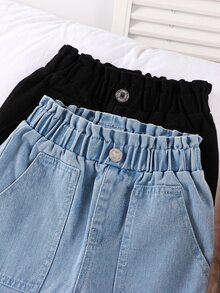 SHEIN 女童牛仔兩件套，彈性腰頭鈕扣，錐形寬鬆版型，夏季返校日常戶外穿著，藍色 - 彩色 - 查看 4