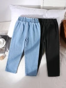 SHEIN 女童牛仔兩件套，彈性腰頭鈕扣，錐形寬鬆版型，夏季返校日常戶外穿著，藍色 - 彩色 - 查看 2