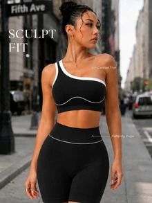 SHEIN Sports 一套女士黑色运动套装，撞色条纹修身弹力健身背心，高腰提臀瑜伽紧身裤，柔软舒适亲肤，适合健身、跑步、休闲、瑜伽等运动。 - 黑色 - 查看 3