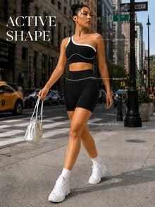 SHEIN Sports 一套女士黑色运动套装，撞色条纹修身弹力健身背心，高腰提臀瑜伽紧身裤，柔软舒适亲肤，适合健身、跑步、休闲、瑜伽等运动。 - 黑色 - 查看 5