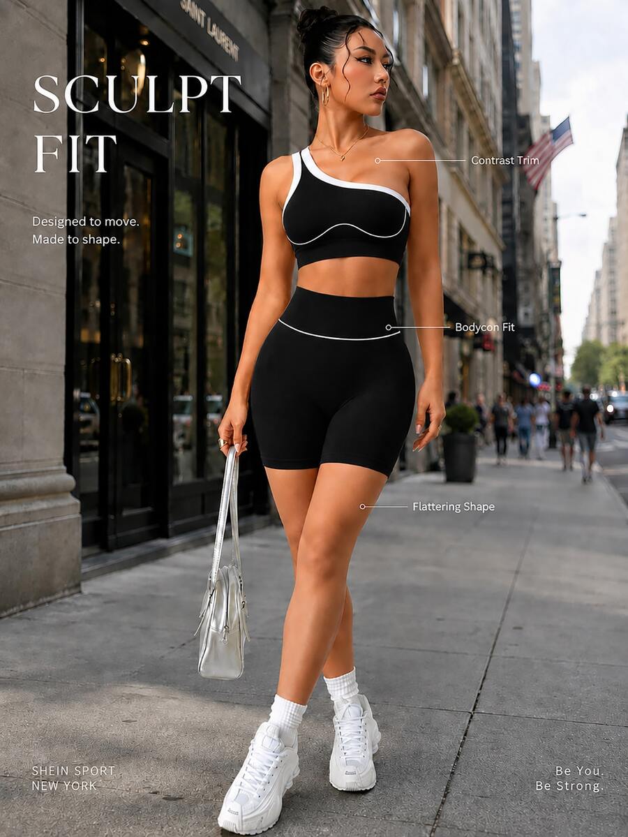 SHEIN Sports 一套女士黑色运动套装，撞色条纹修身弹力健身背心，高腰提臀瑜伽紧身裤，柔软舒适亲肤，适合健身、跑步、休闲、瑜伽等运动。 - 黑色 - 查看 1