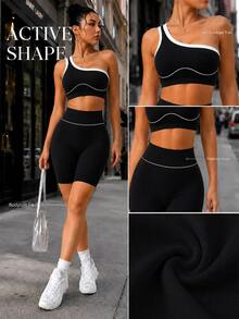SHEIN Sports 一套女士黑色运动套装，撞色条纹修身弹力健身背心，高腰提臀瑜伽紧身裤，柔软舒适亲肤，适合健身、跑步、休闲、瑜伽等运动。 - 黑色 - 查看 4