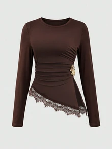 GlowEve Women's Round Neck Long Sleeve Pleated Contrast Lace Hem Fashion T-Shirt - Multicolor - View 3